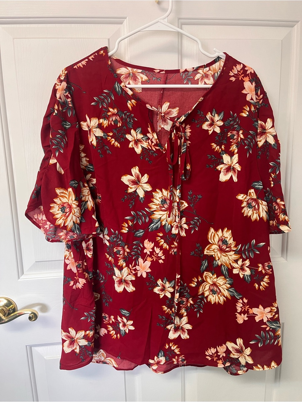 Women's Red Floral Tie-Neck Blouse with Flutter Sleeves